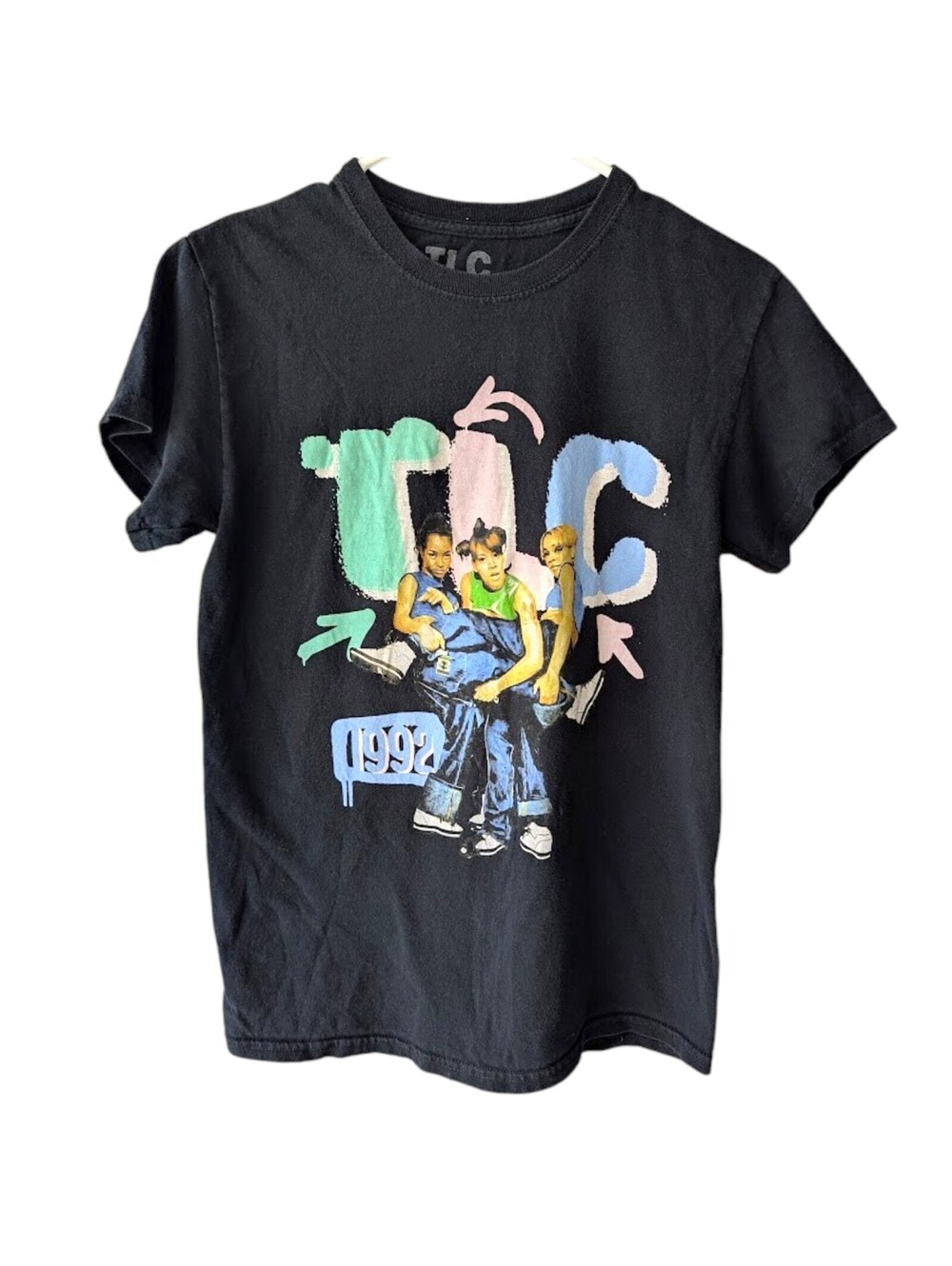 1992 TLC Retro Graphic Band T-Shirt Mens S Black 90s Rap Tee 17.5x25.5